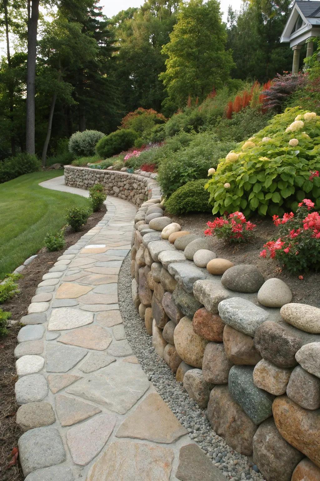 Embrace the artistry of nature with this stunning stone walkway, a perfect blend of beauty and functionality.