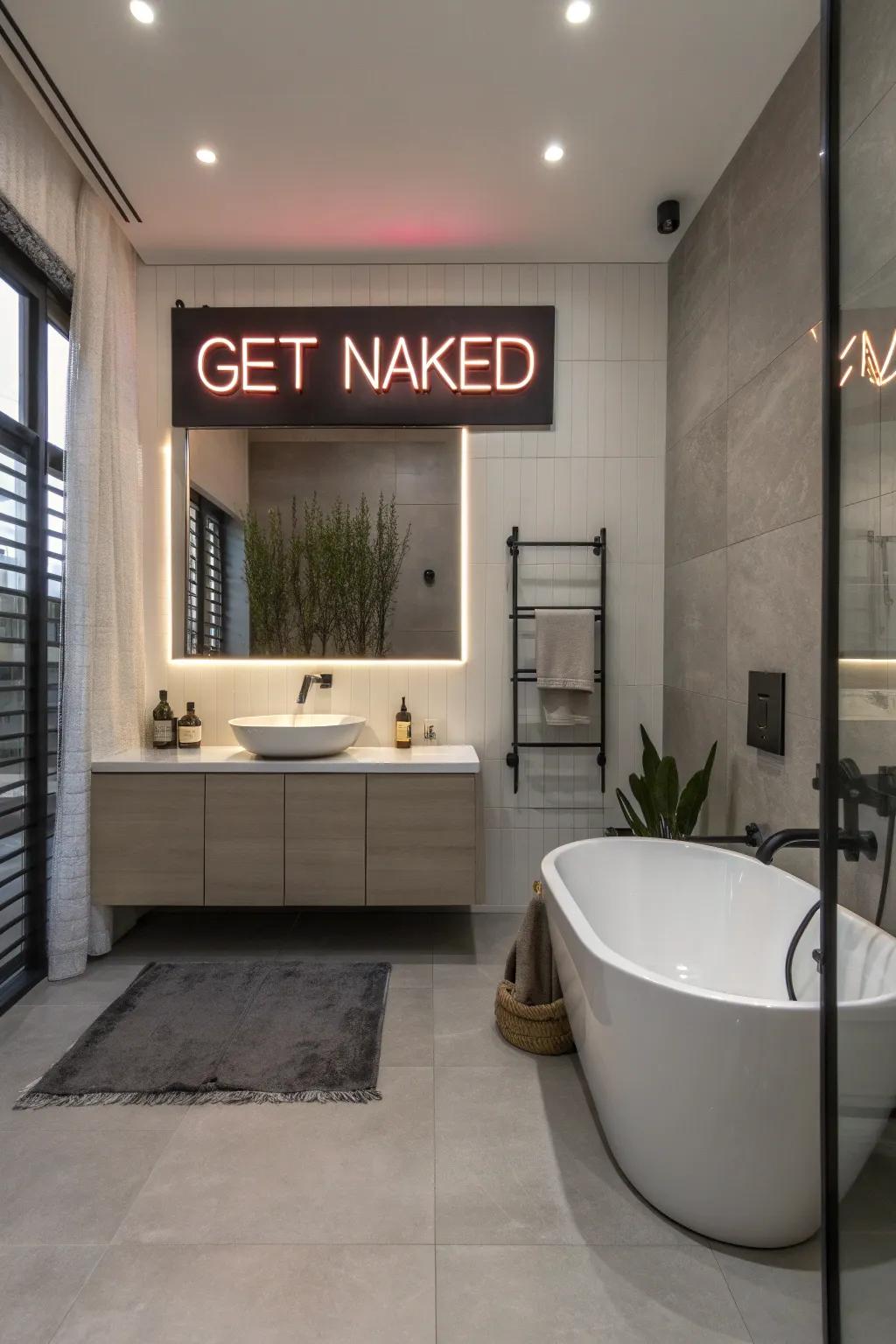 A stylish bathroom with a humorous 'Get Naked' neon sign.