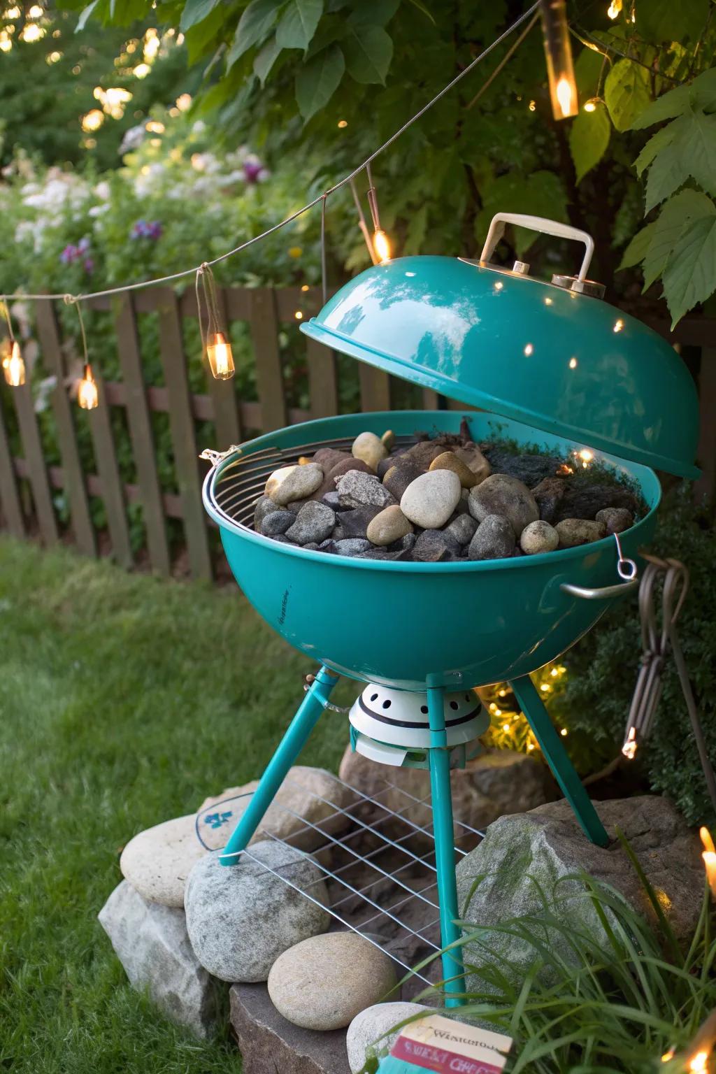 Transform your garden with a splash of creativity—an old grill turned into a stunning decorative piece!