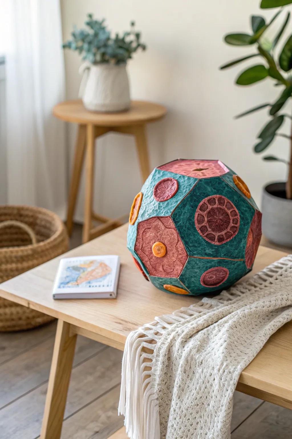 Transform your cell project with this stunning paper mache nucleus centerpiece, where art meets science in vibrant colors and minimalist elegance.
