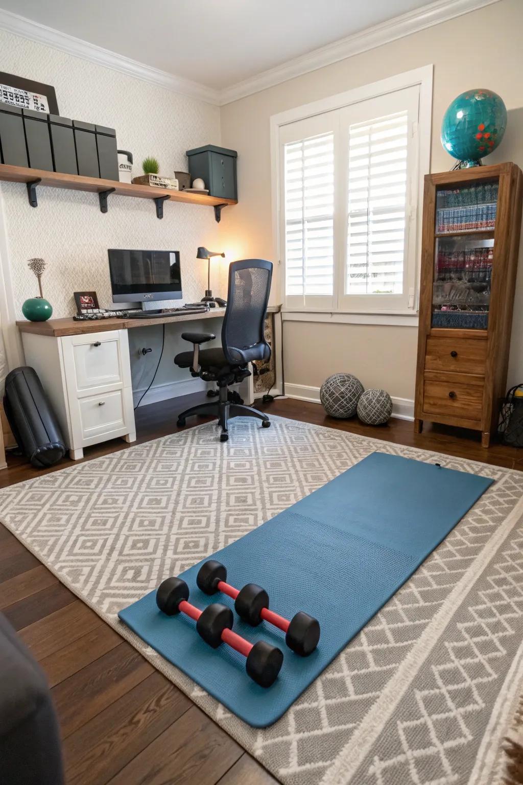 Smart zoning creates harmony between work and workout spaces.