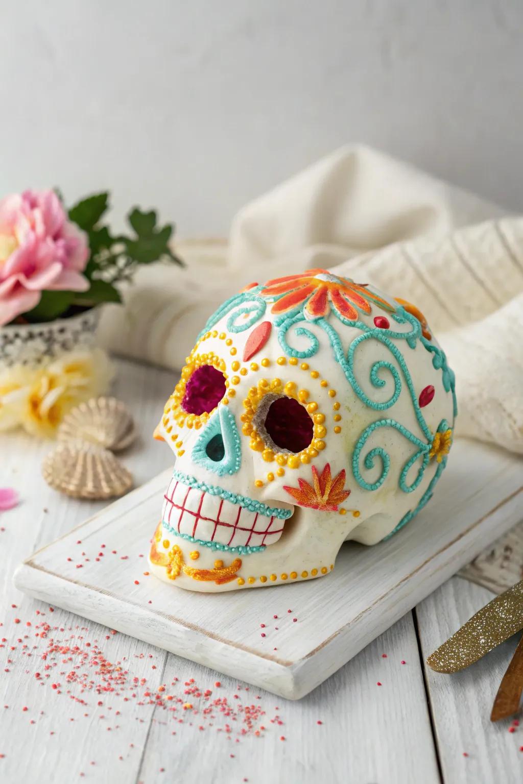 A burst of color and craftsmanship: this decorative sugar skull brings a vibrant touch to any ofrenda.