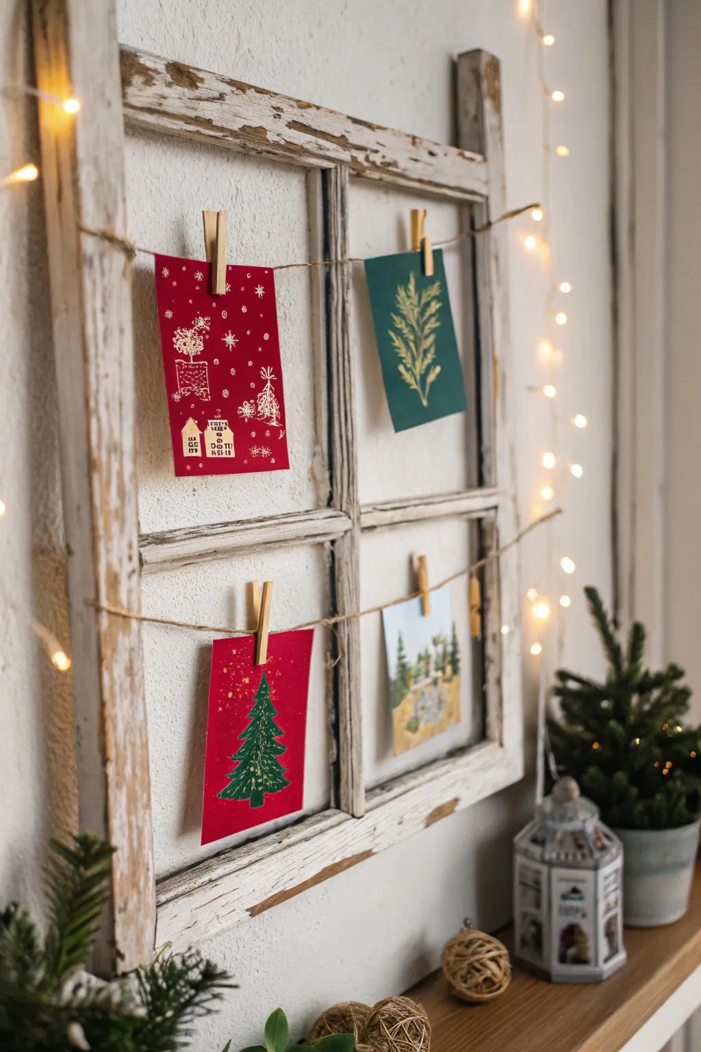 Transform a vintage window frame into a charming holiday card display, blending minimalist elegance with festive cheer.