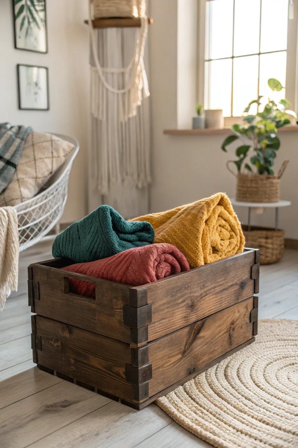 Transform an old wooden box into a stylish blanket storage solution, blending Scandinavian minimalism with Boho charm.
