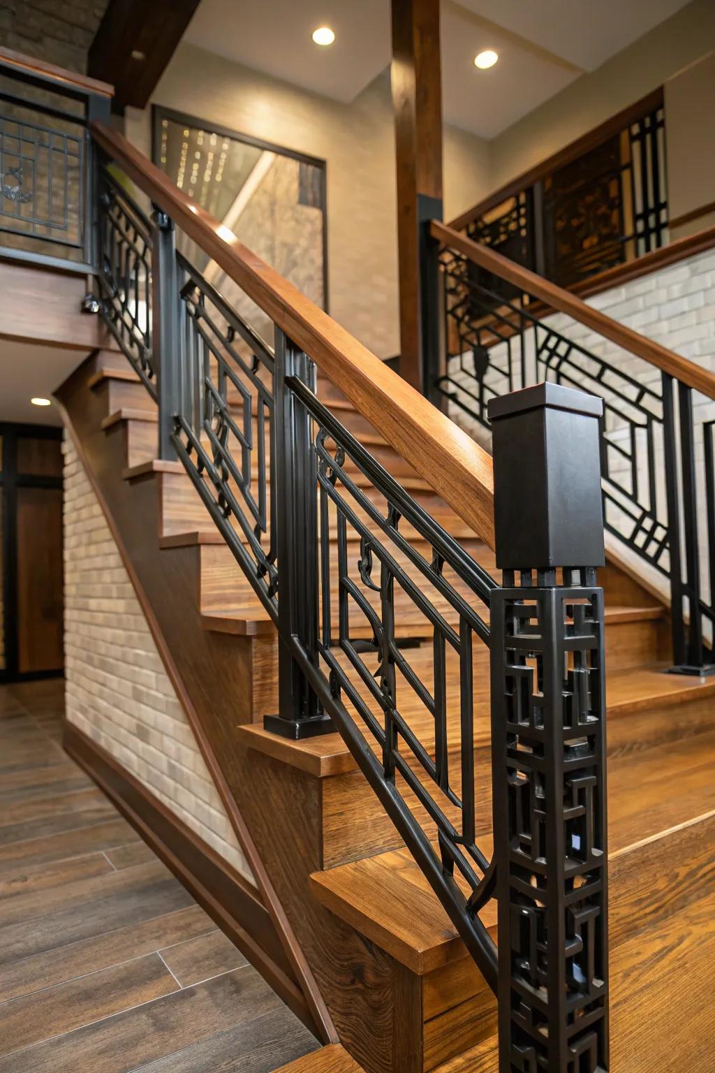 Elevate your staircase with bold, artisan-crafted railings that blend metal and wood for a striking effect.