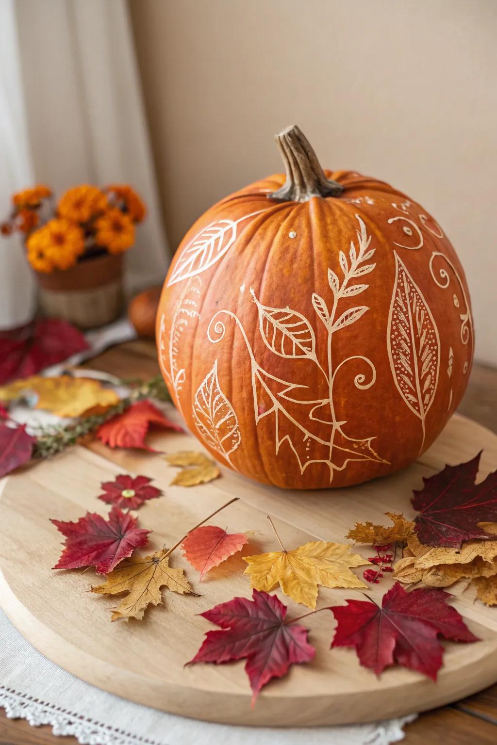 Capture the essence of fall with a beautifully painted pumpkin adorned in autumn leaves.