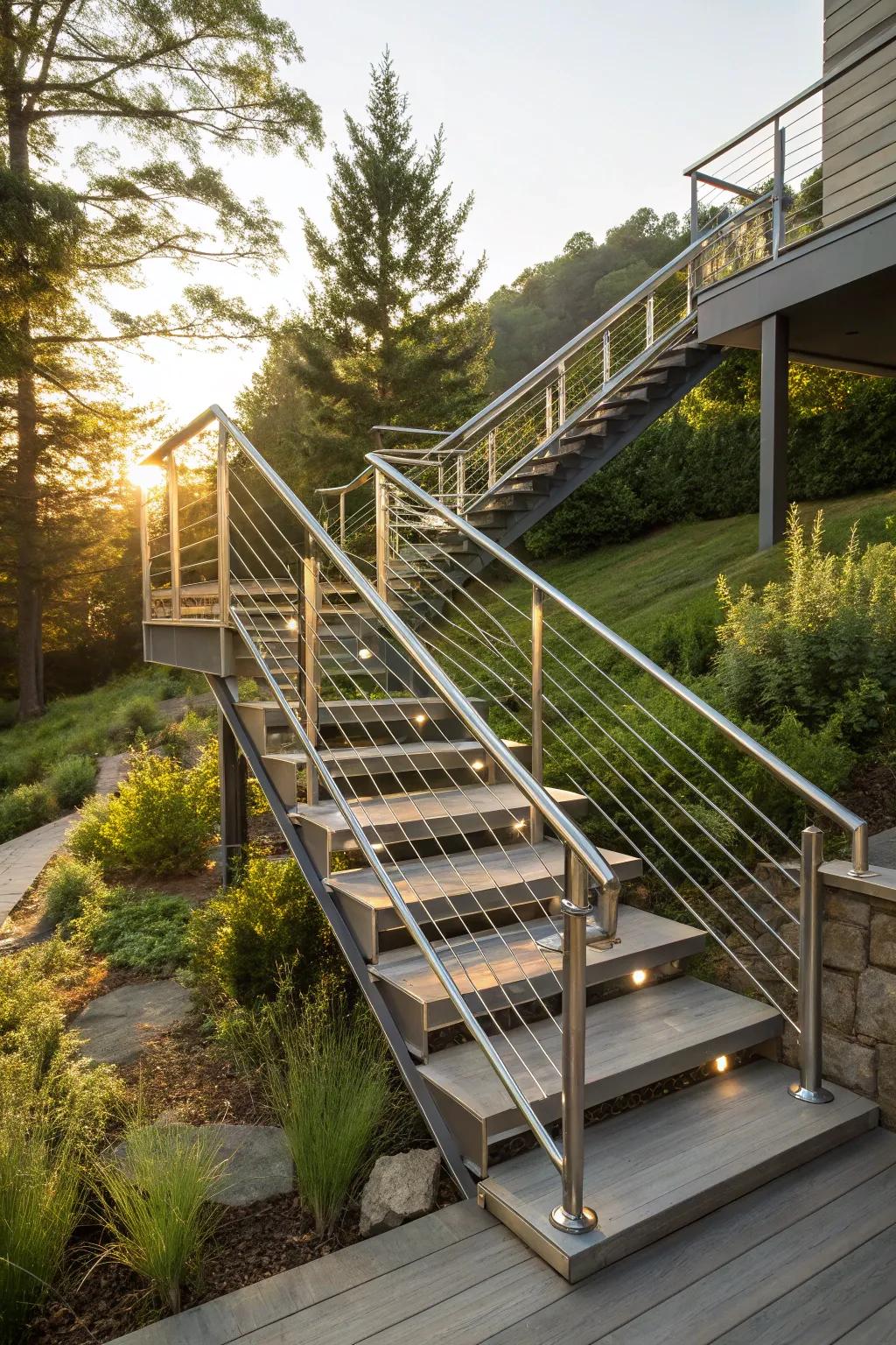 Elevate your outdoor space with sleek metallic stairs that seamlessly blend modern design with nature's beauty.