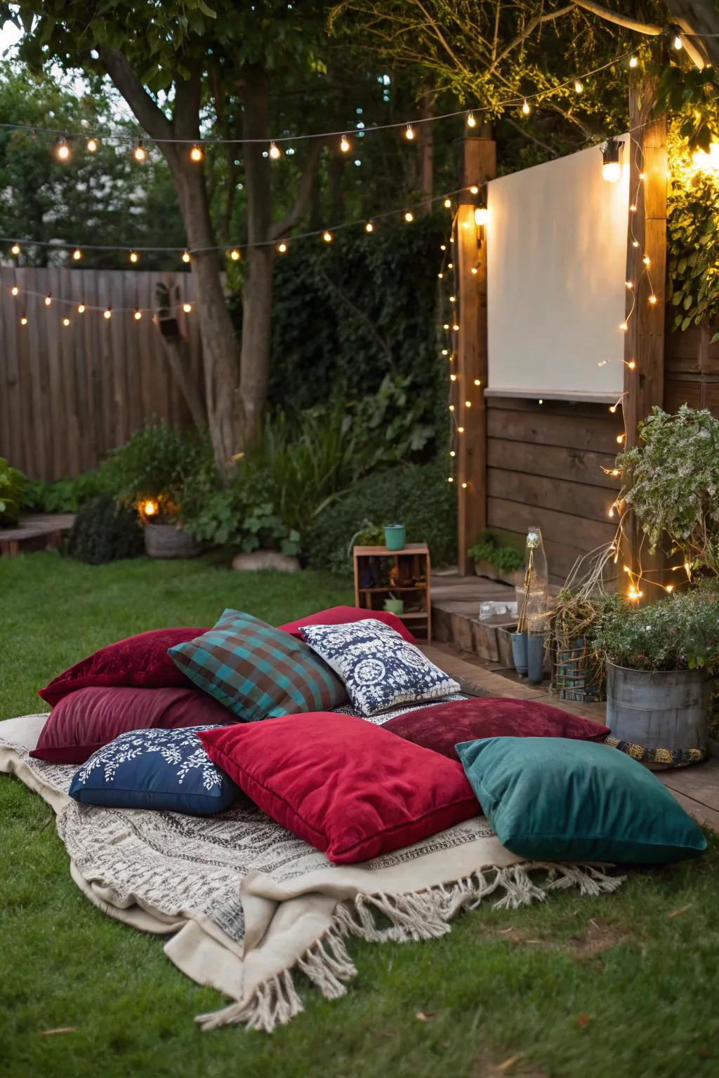 Transform your outdoor space into a cozy movie haven with a splash of color and comfort.