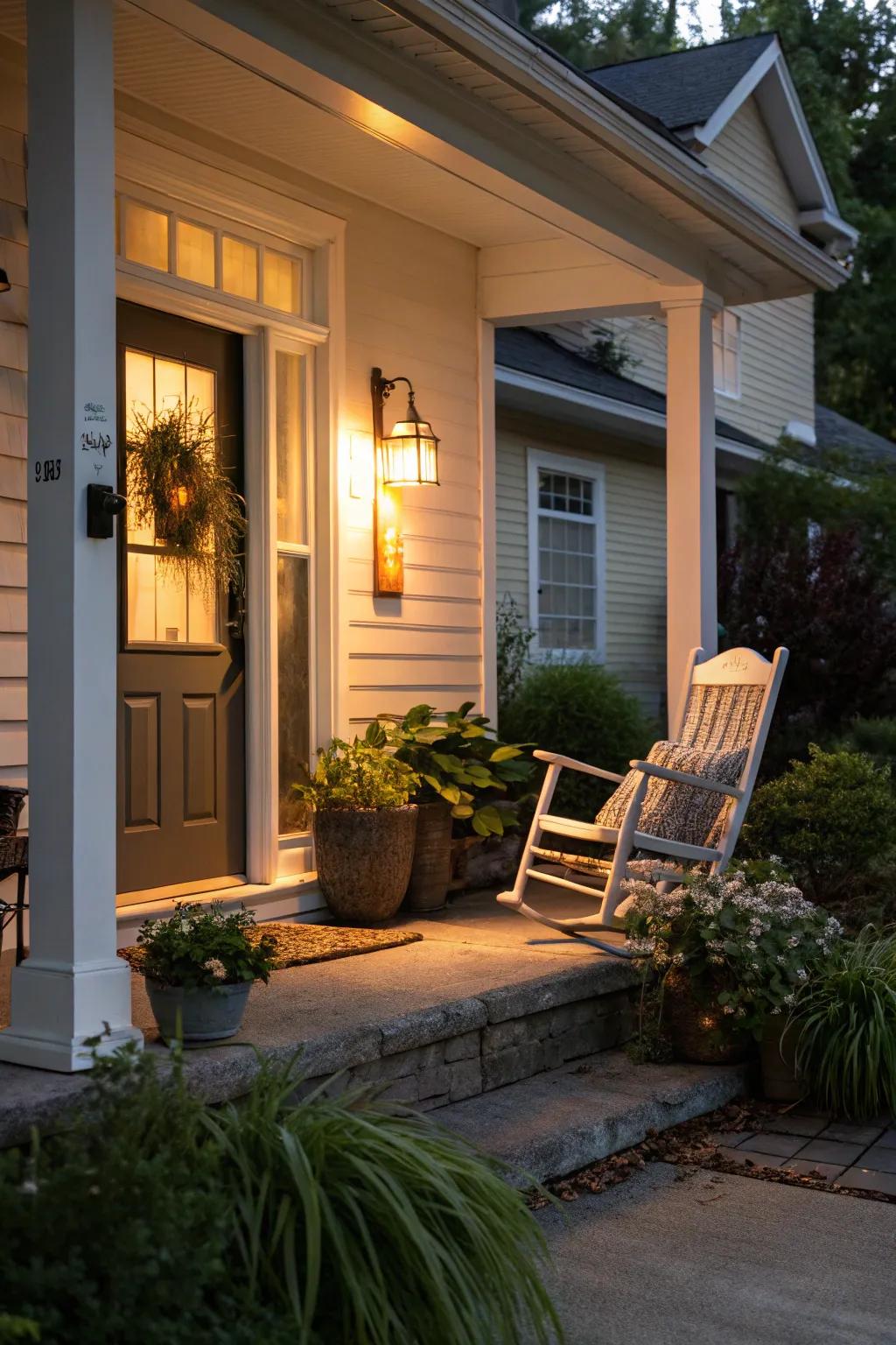 A well-lit porch welcomes guests while enhancing security.