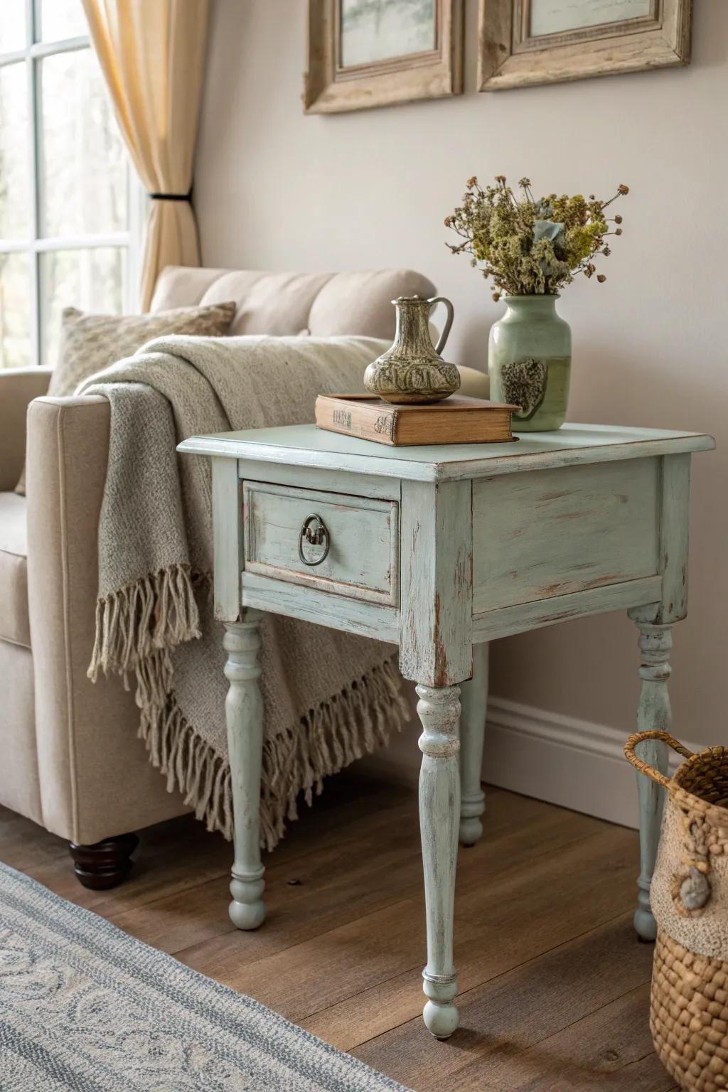 Add a touch of vintage charm to your space with this beautifully distressed end table.