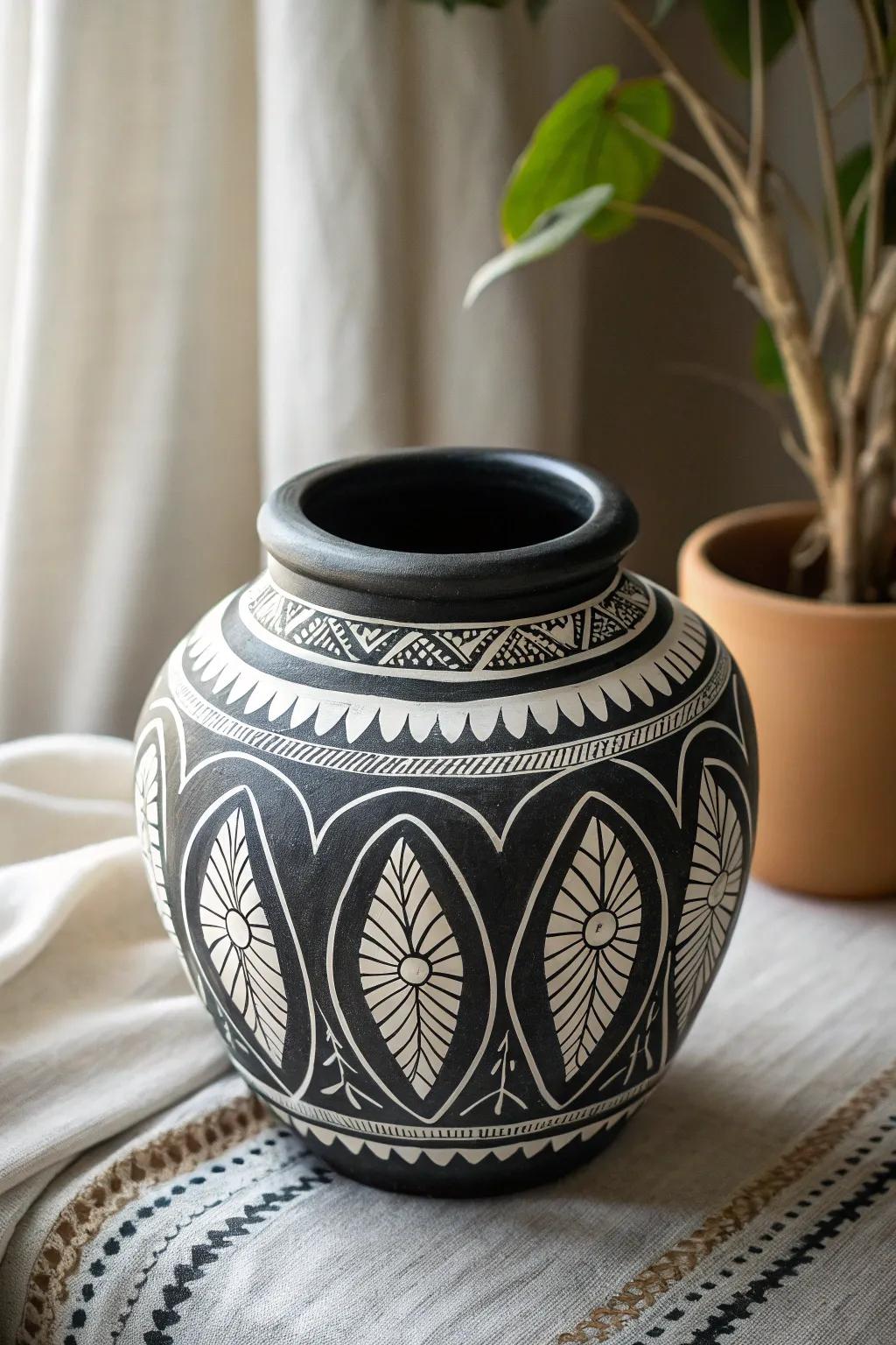 Elevate your space with timeless elegance: a classic black and white pot that speaks to simplicity and style.