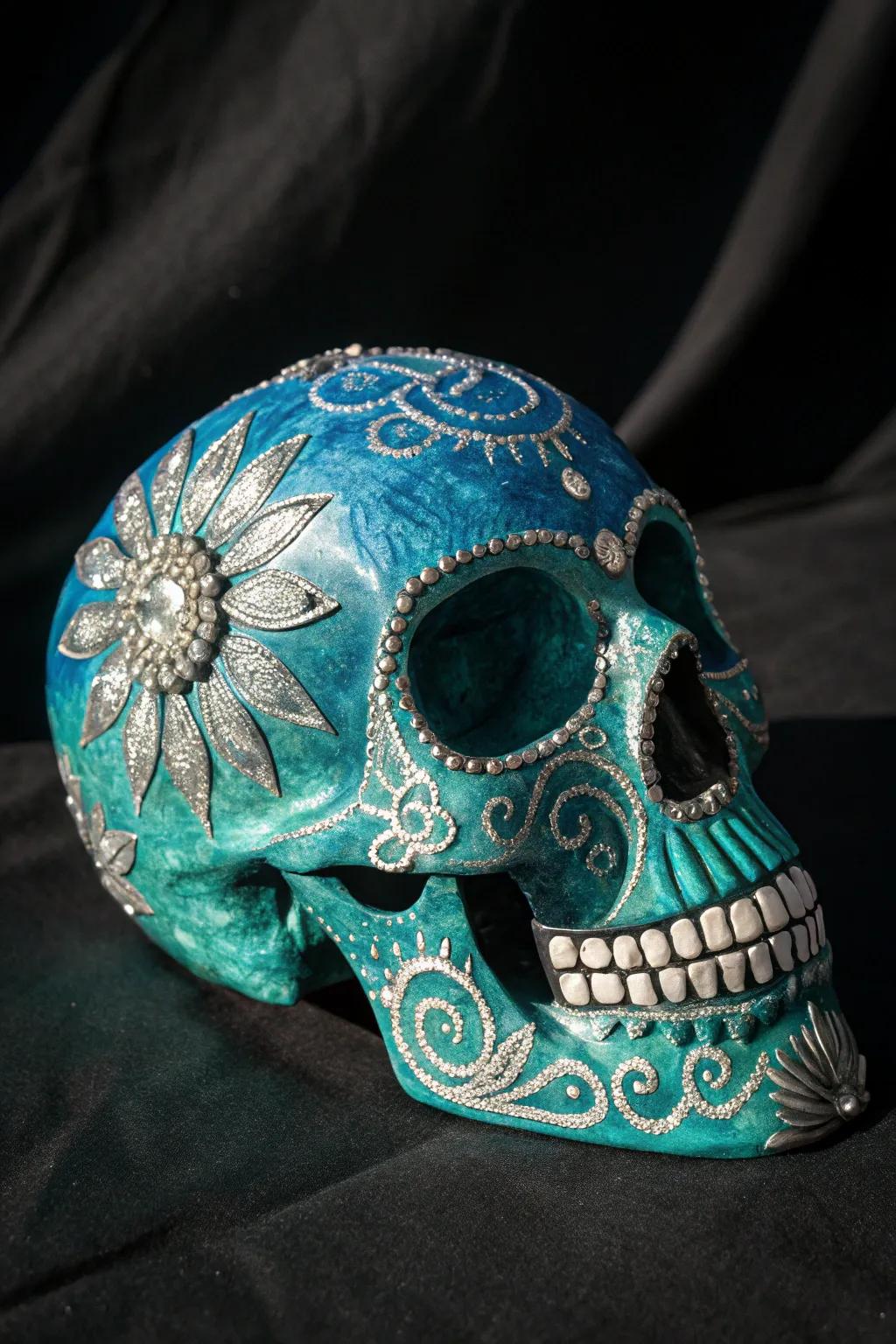 Dive deep into the serenity of ocean blues with this masterfully painted skull.
