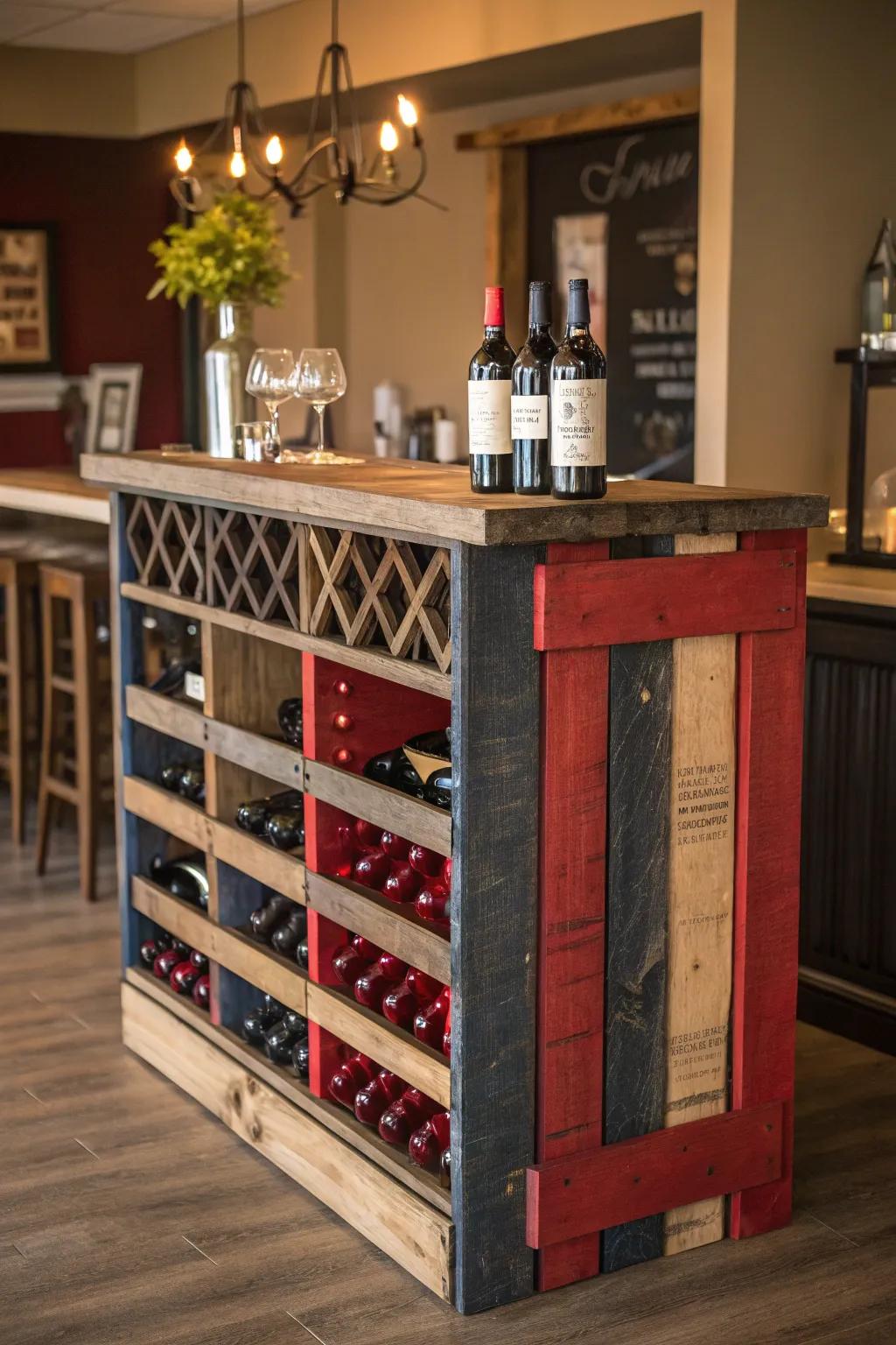 Elevate your space with this handcrafted pallet bar, complete with a striking built-in wine rack.