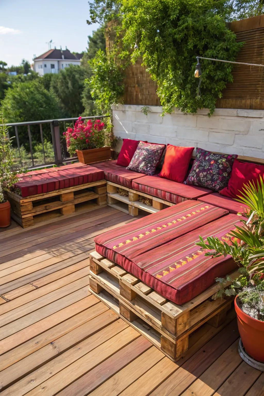 Elevate your space with a stunning pallet deck featuring built-in seating, perfect for relaxation and enjoyment.