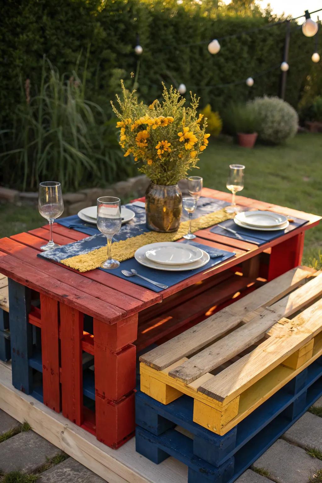 Elevate your outdoor dining experience with this vibrant pallet furniture set, perfect for unforgettable alfresco moments.