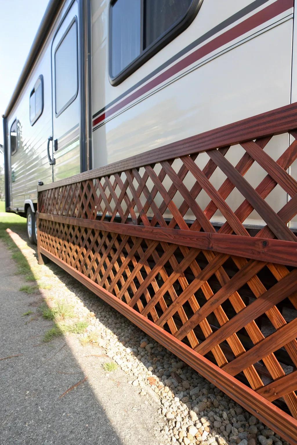 Elevate your RV's style with handcrafted lattice skirting, where functionality meets exceptional craftsmanship.