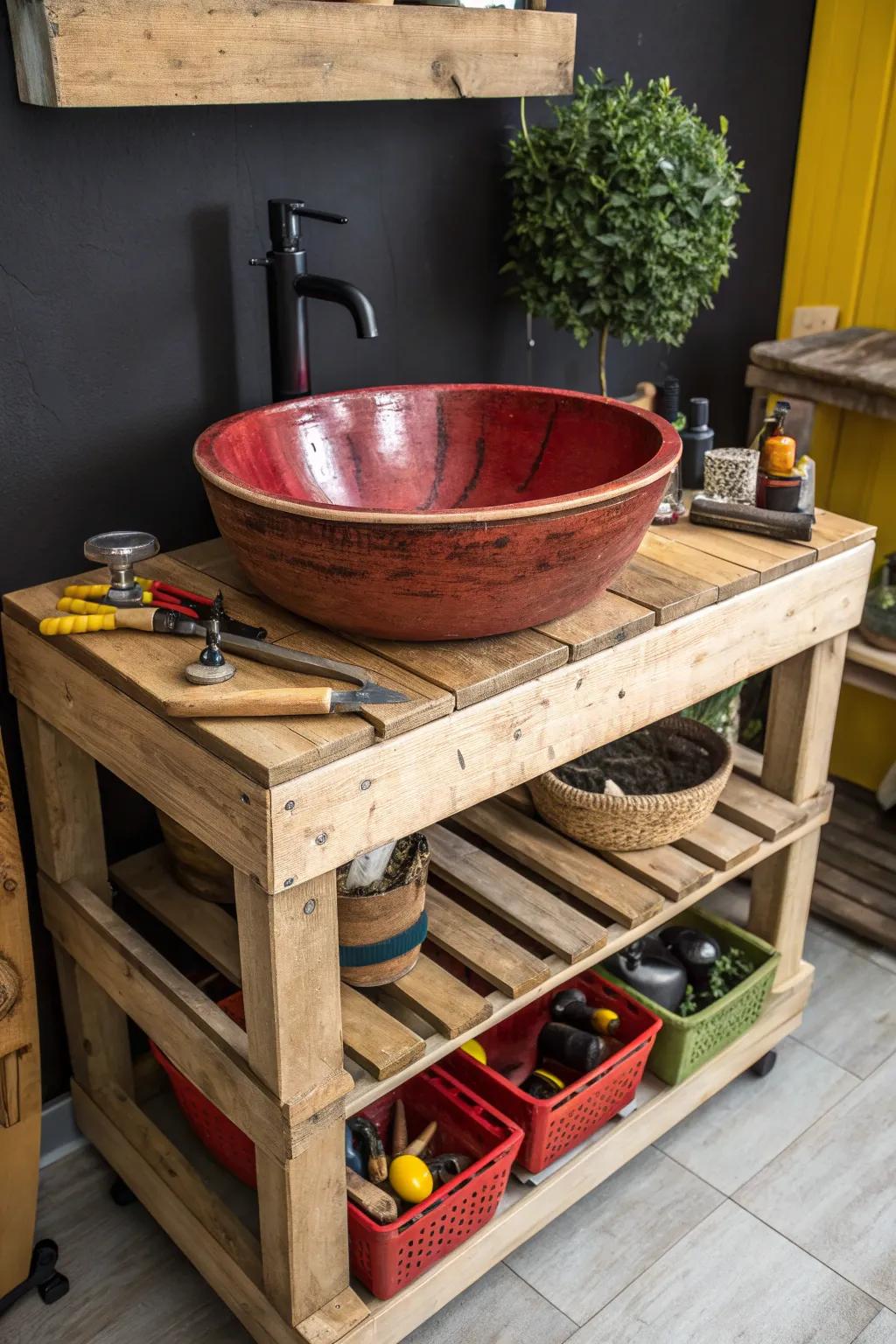 Transform your space with a bold and functional pallet sink that combines style and storage.