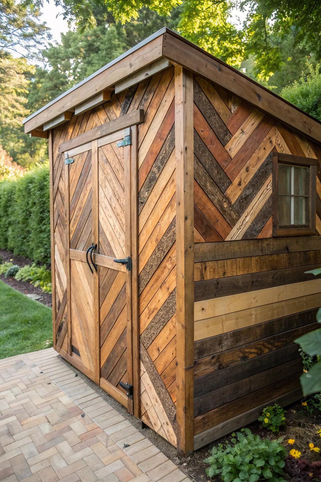 Transform your shed into a backyard sanctuary with stunning pallet wood siding.