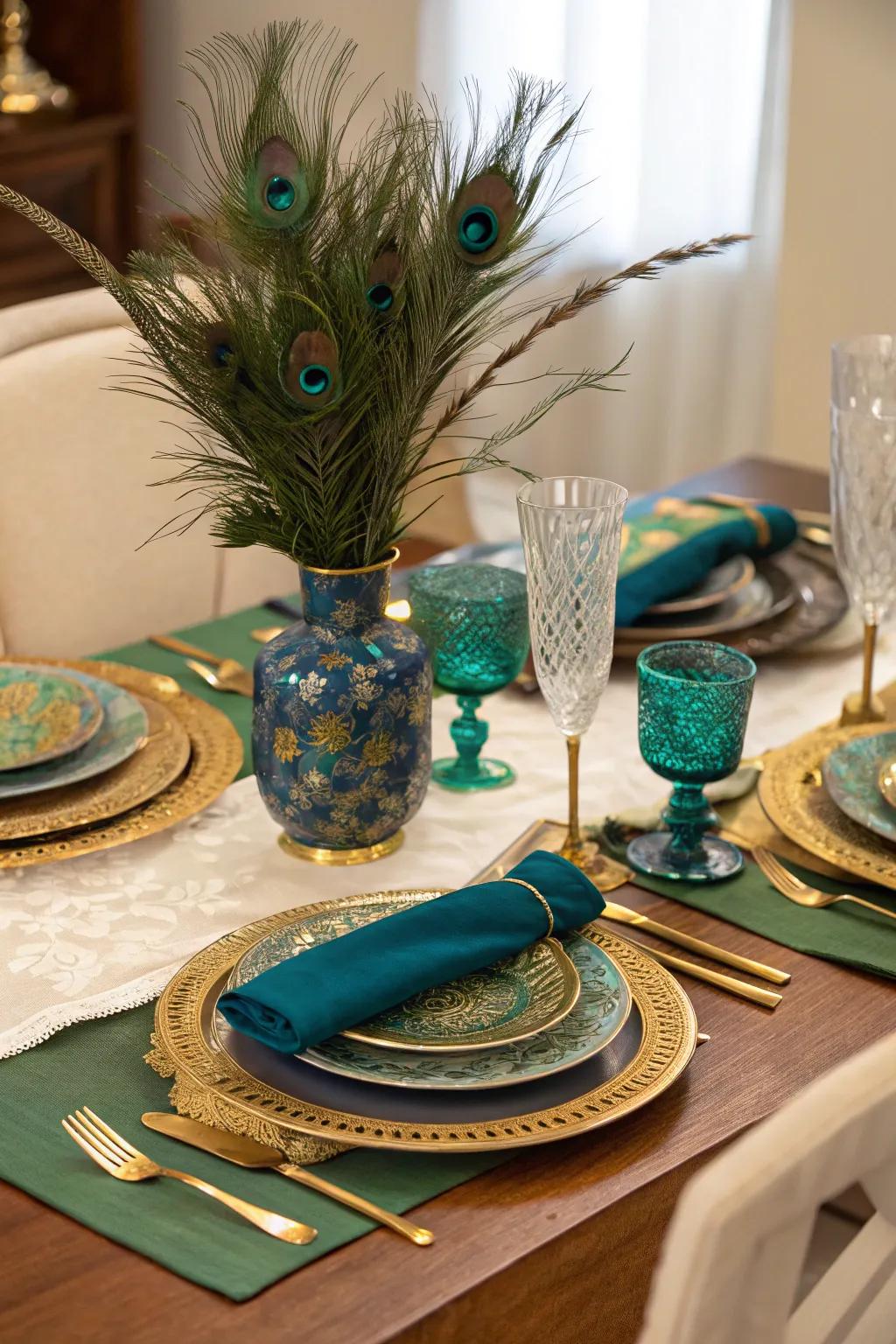 Elegant table settings featuring the rich colors of a peacock's plume.