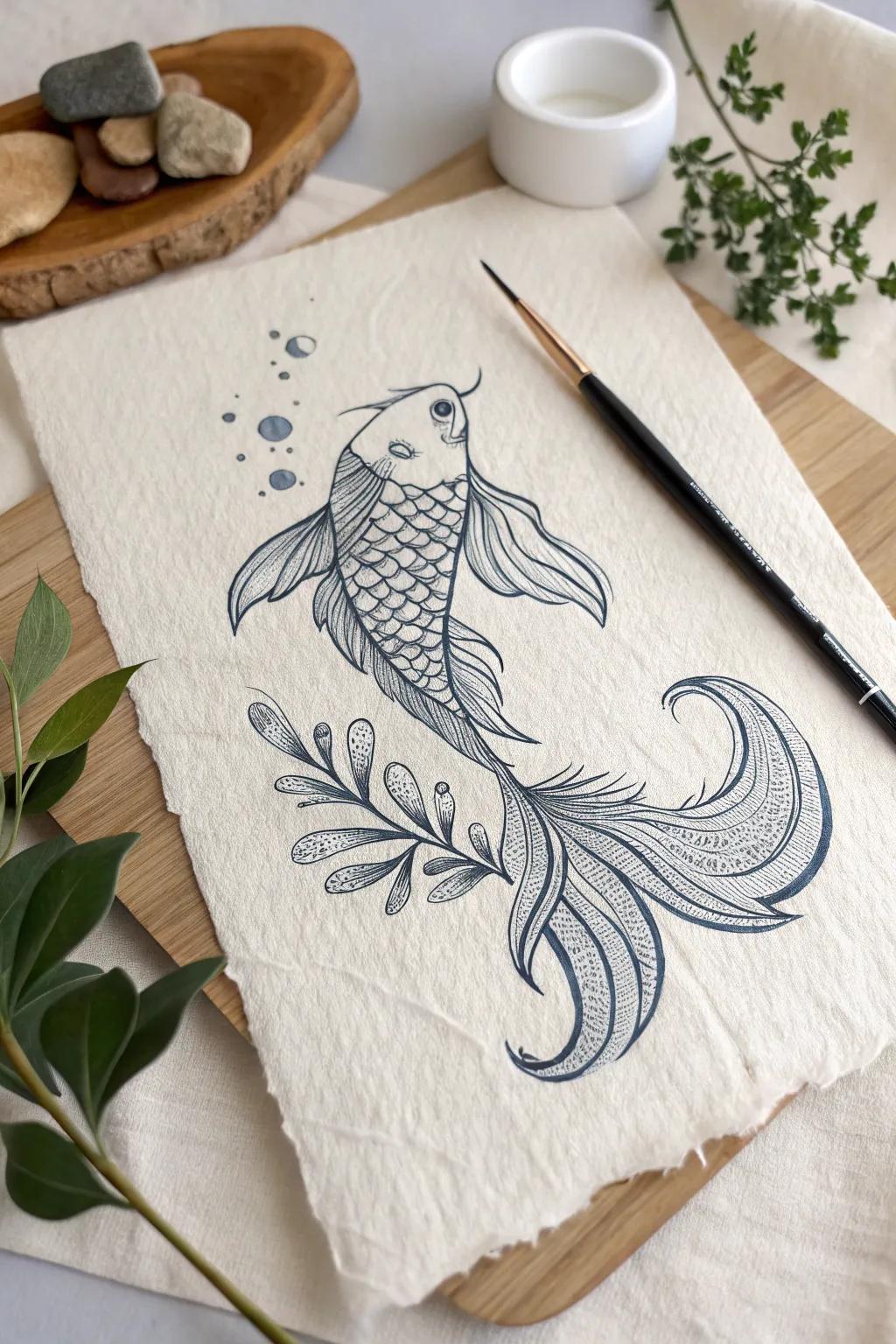Dive into elegance with this mesmerizing pen and ink fish drawing, where simplicity meets the bold beauty of the underwater world.