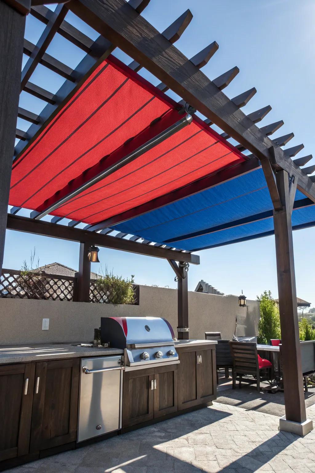 Transform your grilling area with a striking pergola and bold fabric covers for style and shade.
