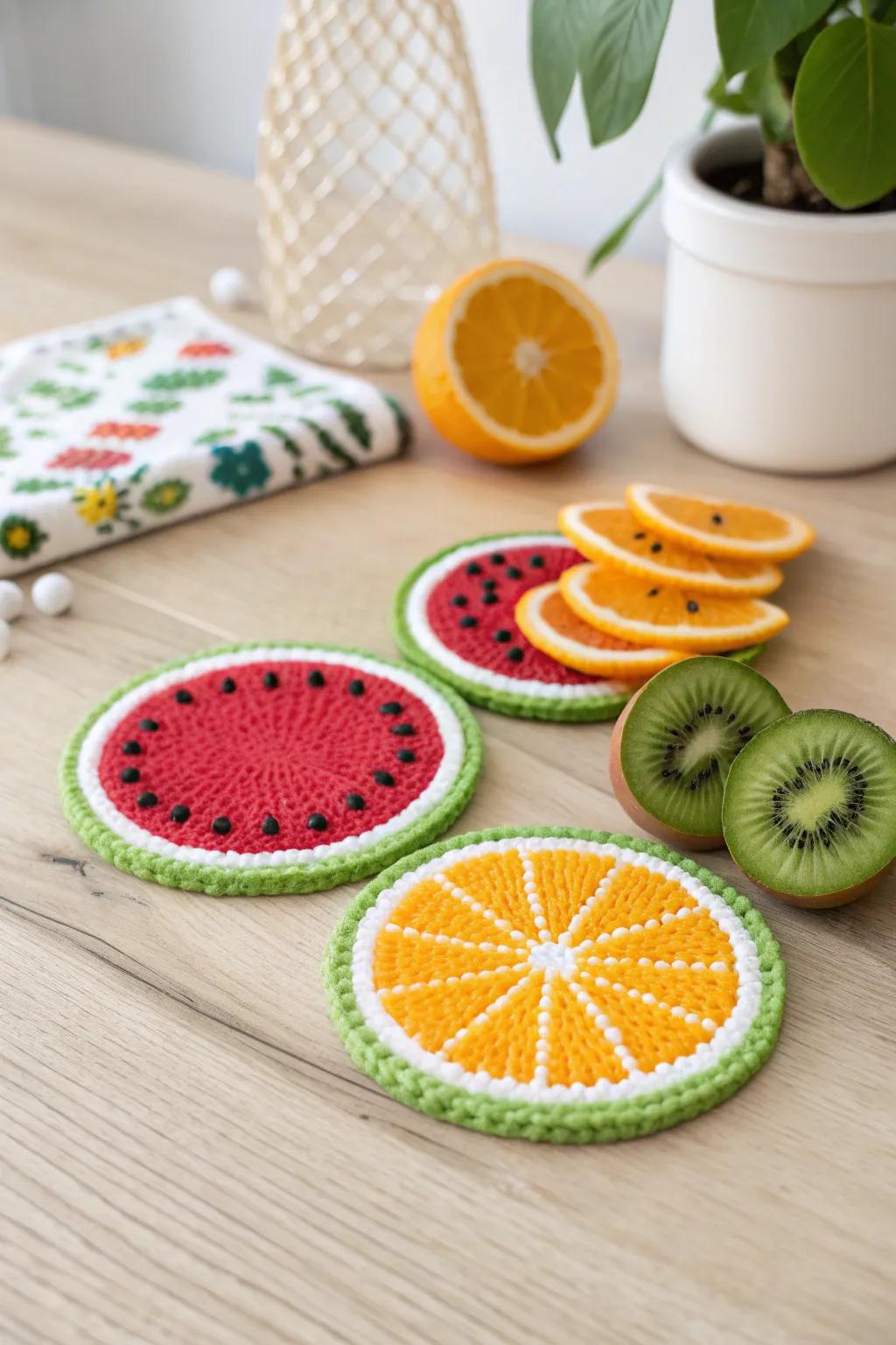 Add a splash of color and charm to your table with these delightful fruit slice coasters!