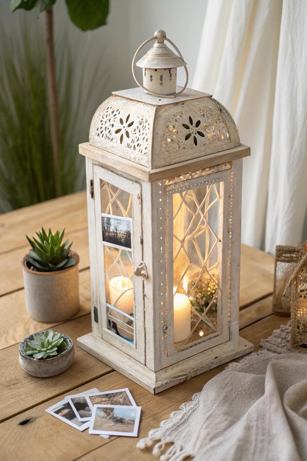 Illuminate your memories with a rustic lantern centerpiece, where soft light meets cherished moments.