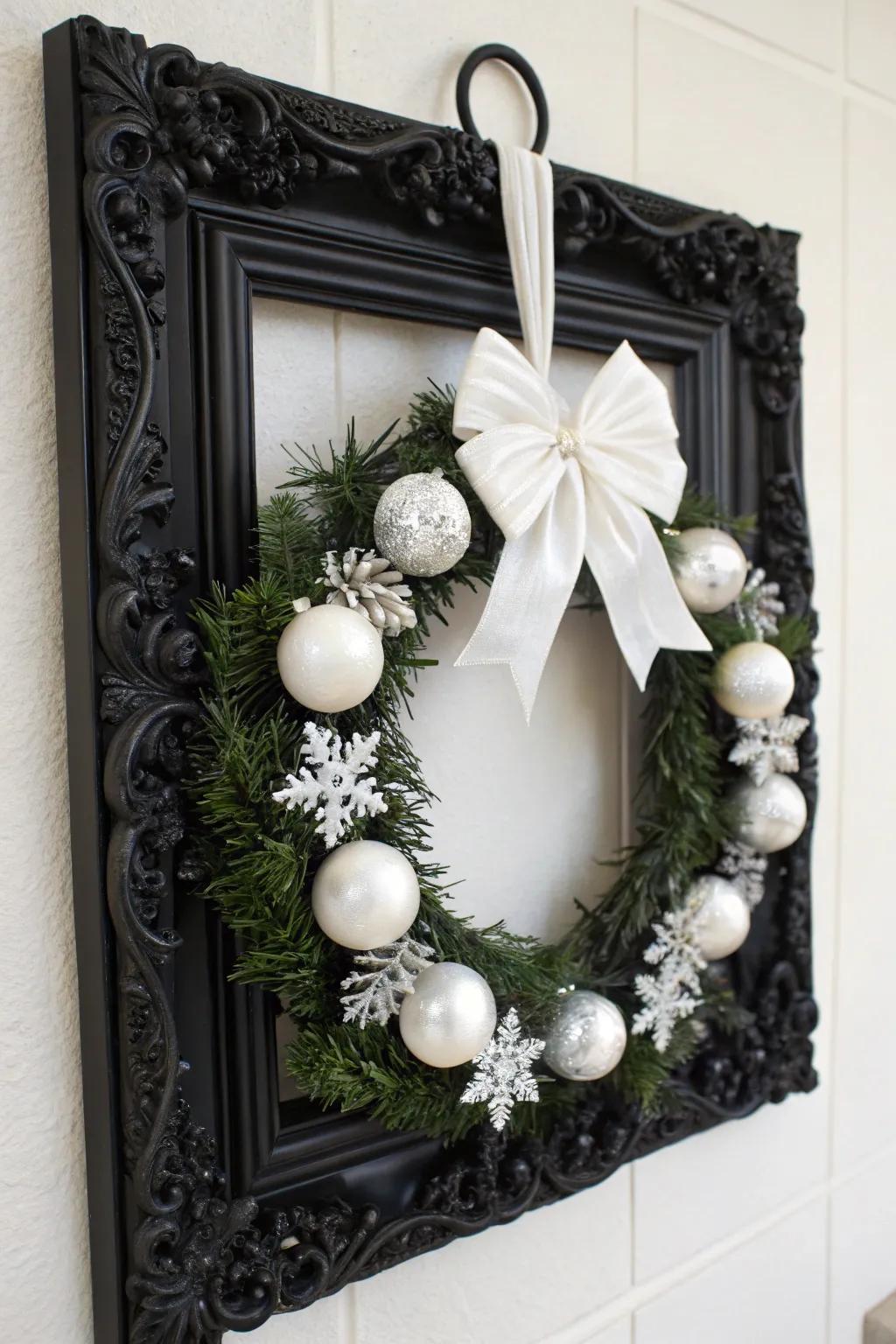 Modern glam meets Christmas in this black and white wreath.