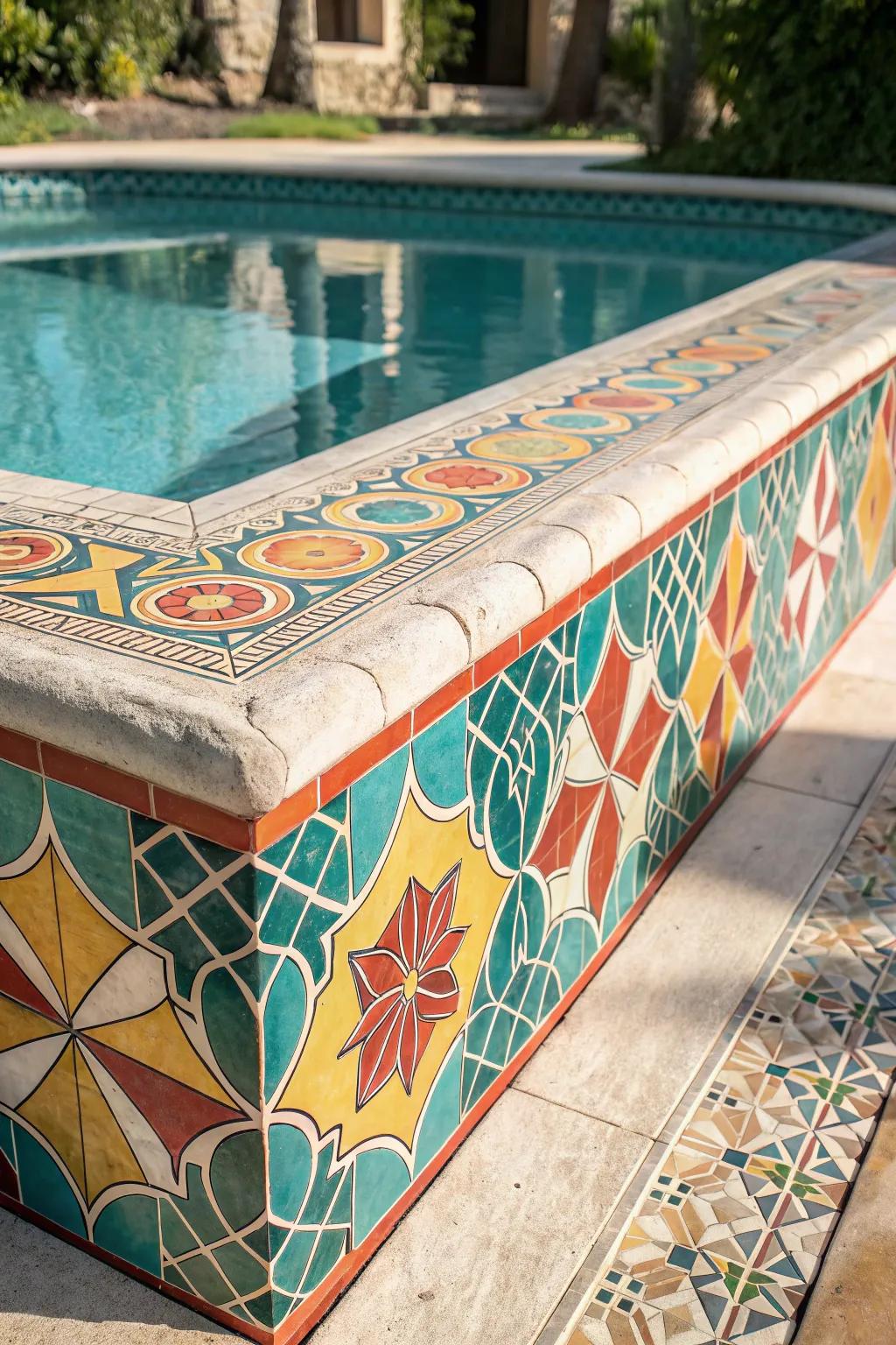 Dive into a world of color with exquisite mosaic pool coping that transforms your poolside into a vibrant oasis.