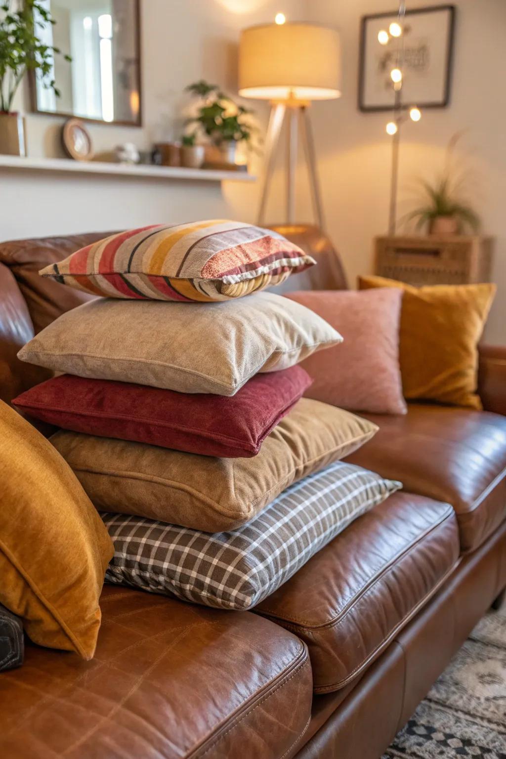 Layering pillows creates a cozy, inviting atmosphere on a leather couch.