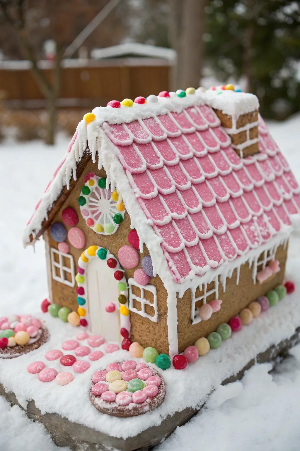 A whimsical candy roof on a gingerbread house.