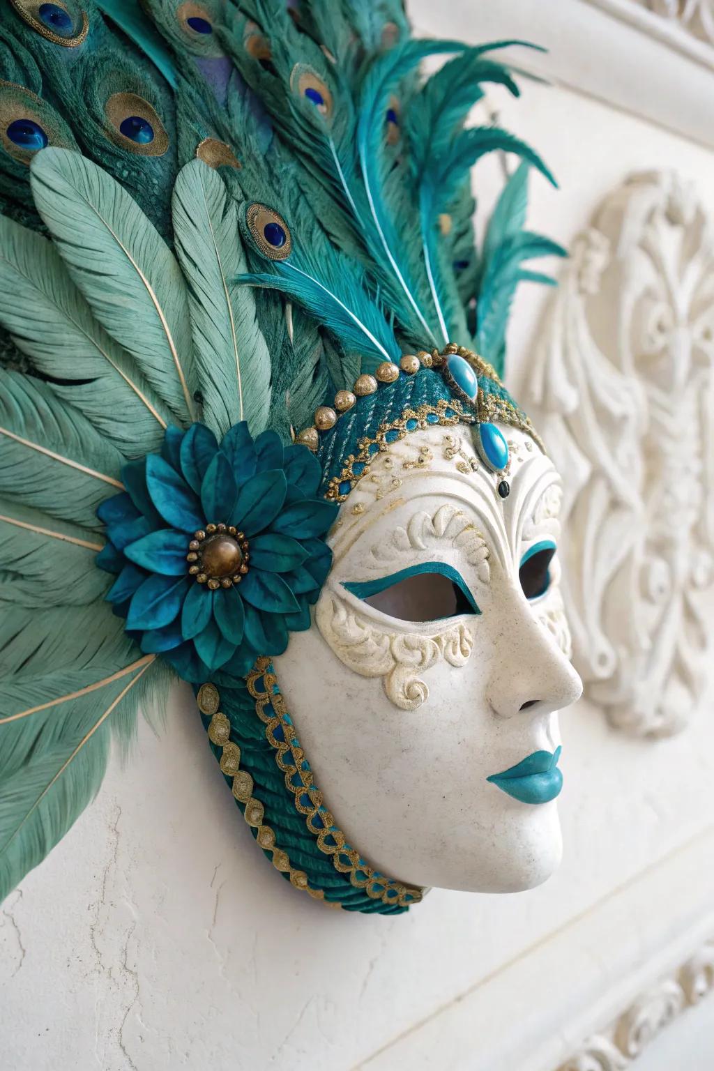 Discover the art of texture with this peacock-inspired plaster mask, where simplicity meets vibrant elegance.