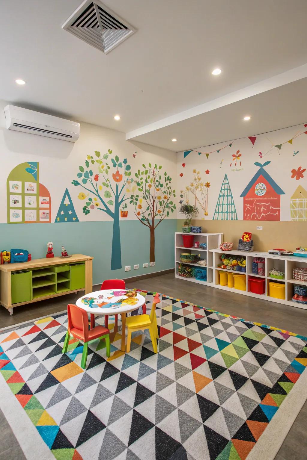 Geometric patterns add a stimulating visual element.