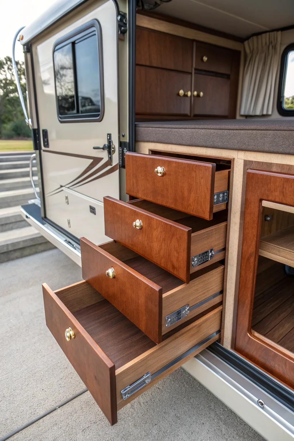 Upgrade your camper with custom storage solutions that combine style and functionality. Experience the art of craftsmanship on the road.