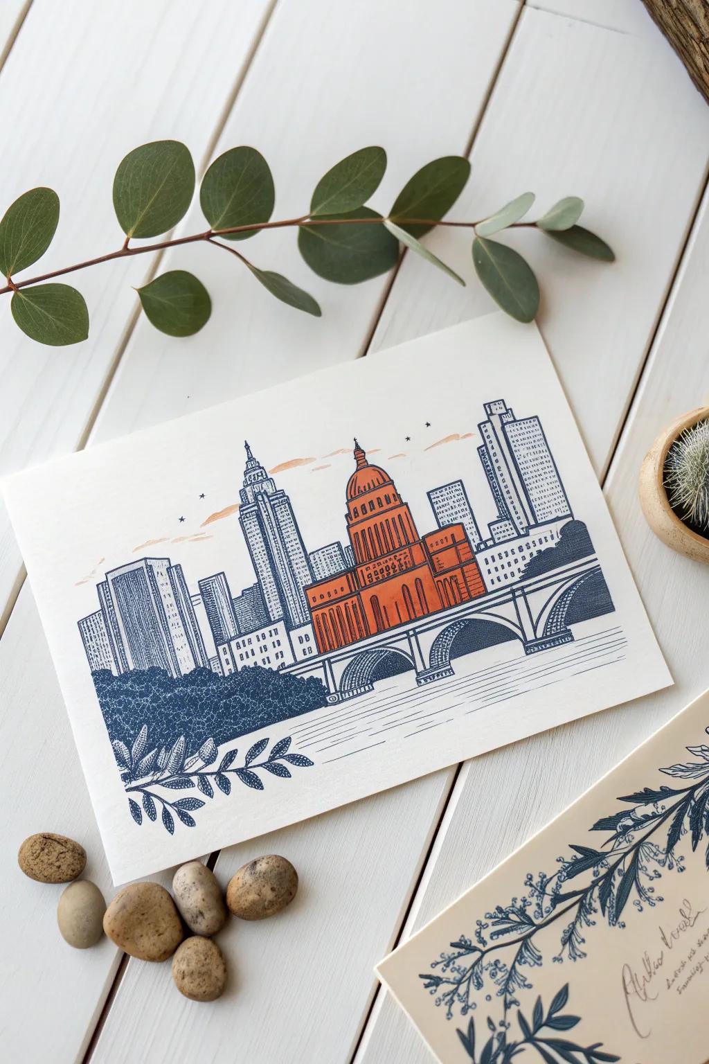 Discover the charm of Austin with this beautifully crafted cityscape postcard, where modern meets historic in bold colors and minimalist style.