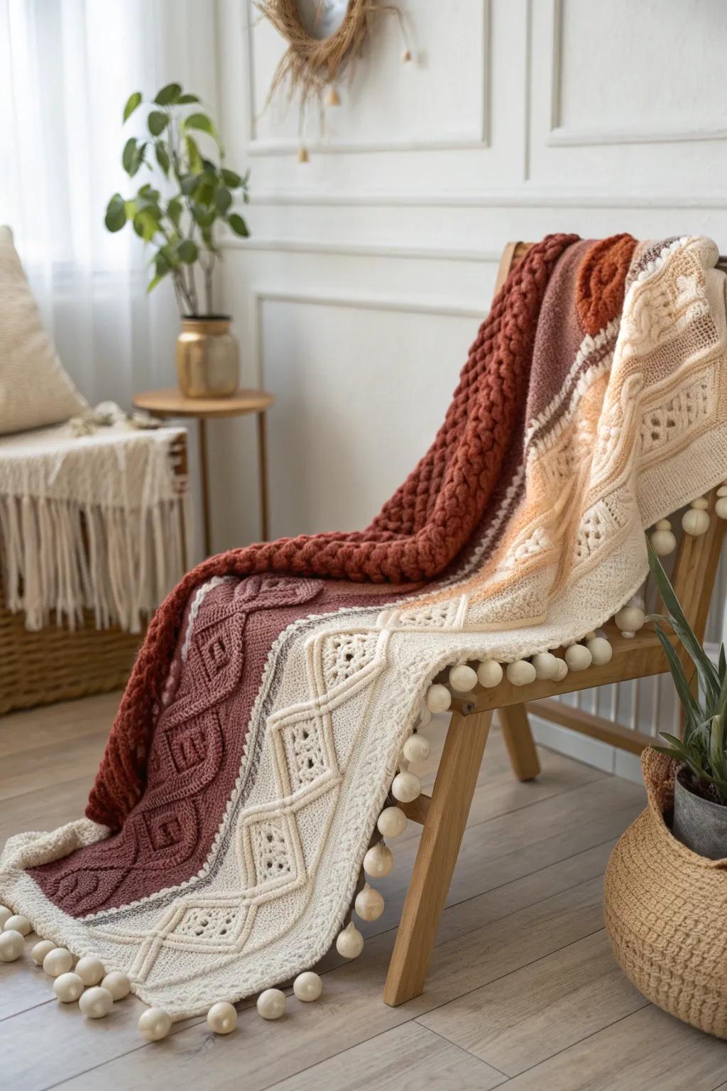 Wrap yourself in warmth and texture with this beautifully crafted prayer blanket, where simple elegance meets boho charm.