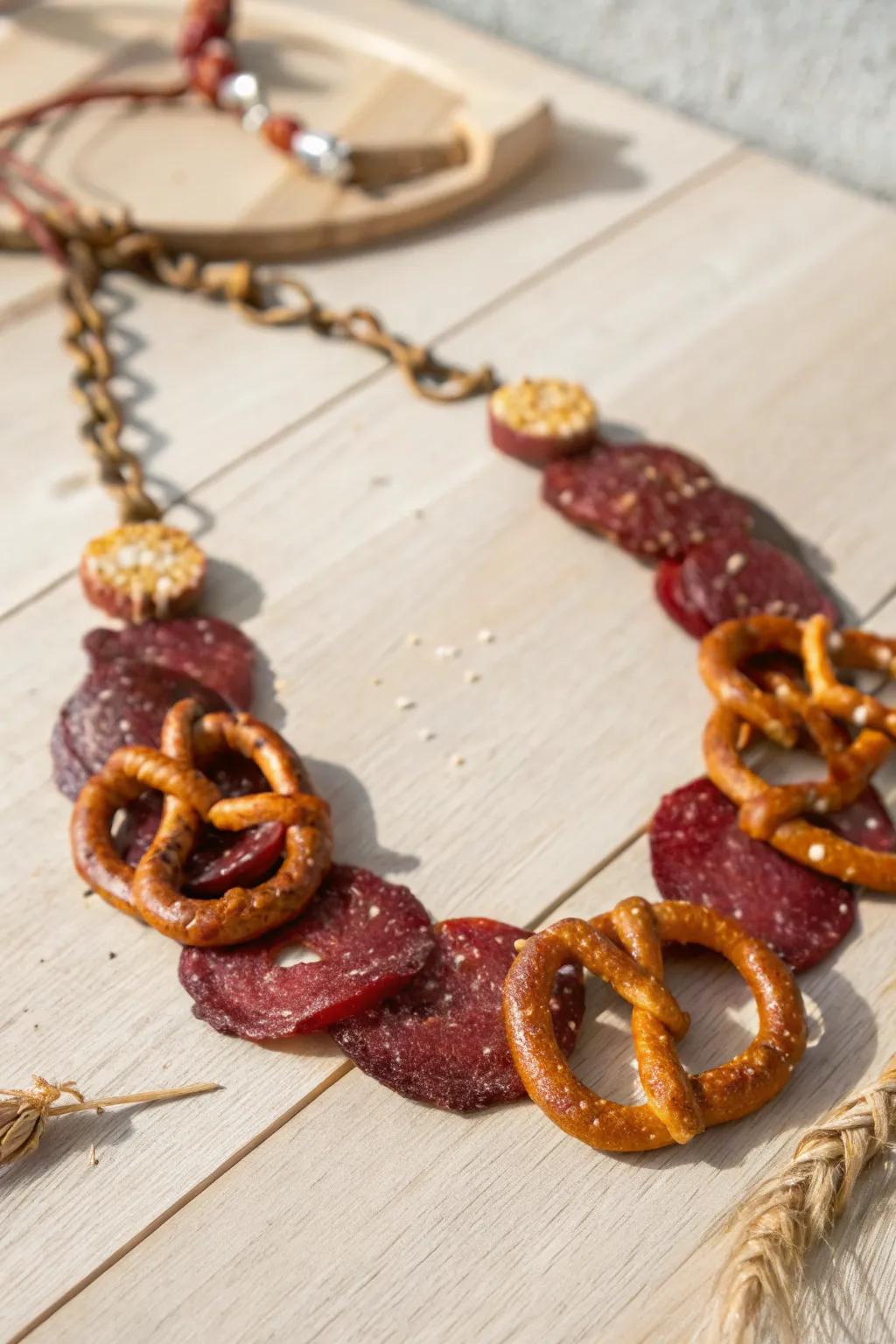 Elevate your snack game with this hearty and stylish pretzel necklace – a protein-packed accessory for the bold and adventurous!