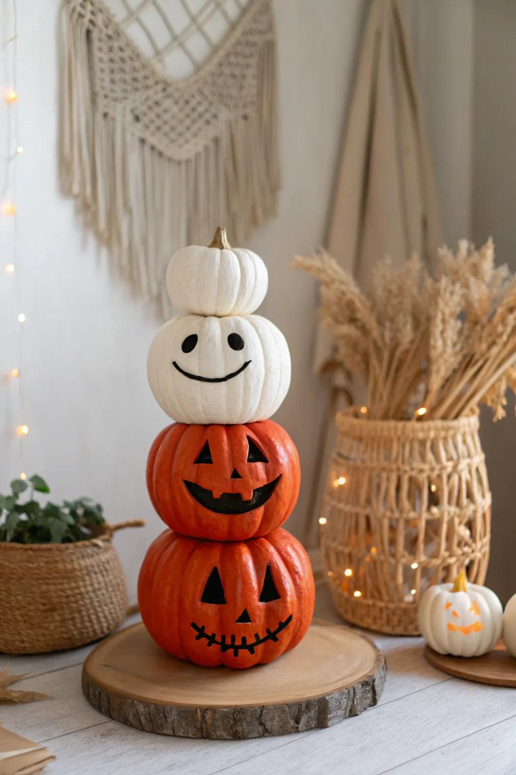 Elevate your autumn decor with a charming stacked pumpkin tower, where each pumpkin tells its own story. 🍂✨