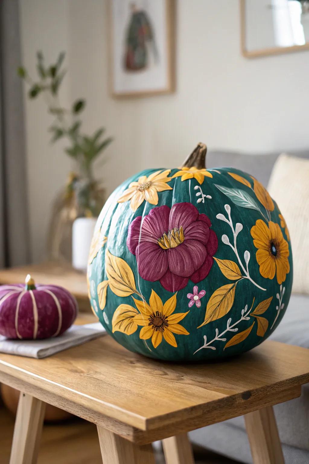 Embrace the beauty of nature indoors with this floral fantasy pumpkin. A perfect blend of autumn and spring!