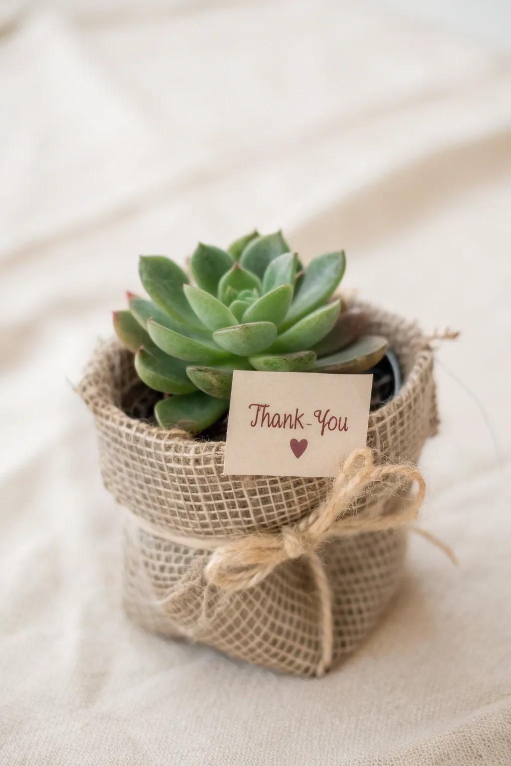 A lasting token of gratitude: beautifully wrapped succulent party favors.