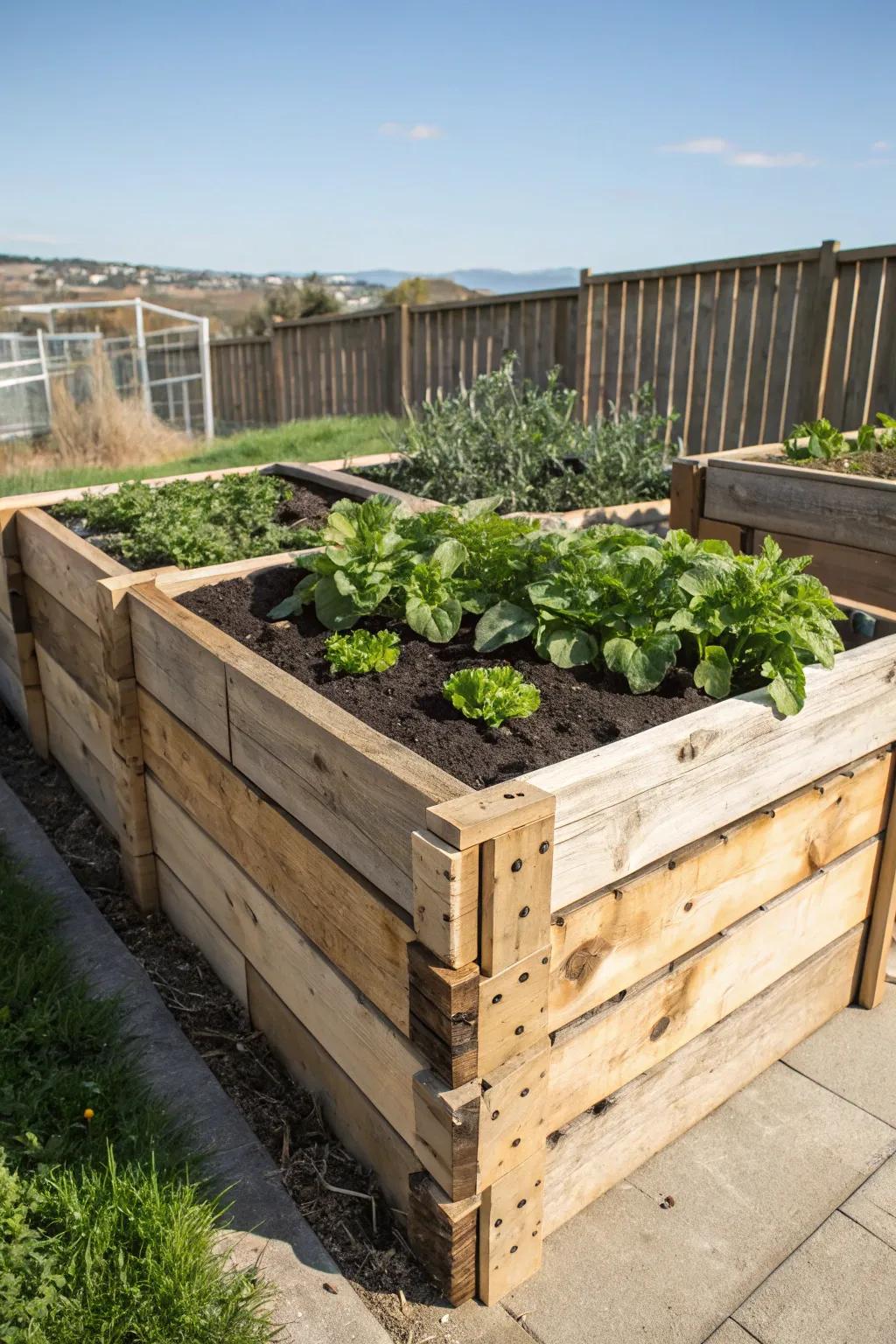 Transform your yard's corners into a lush oasis with this handcrafted L-shaped pallet garden bed.