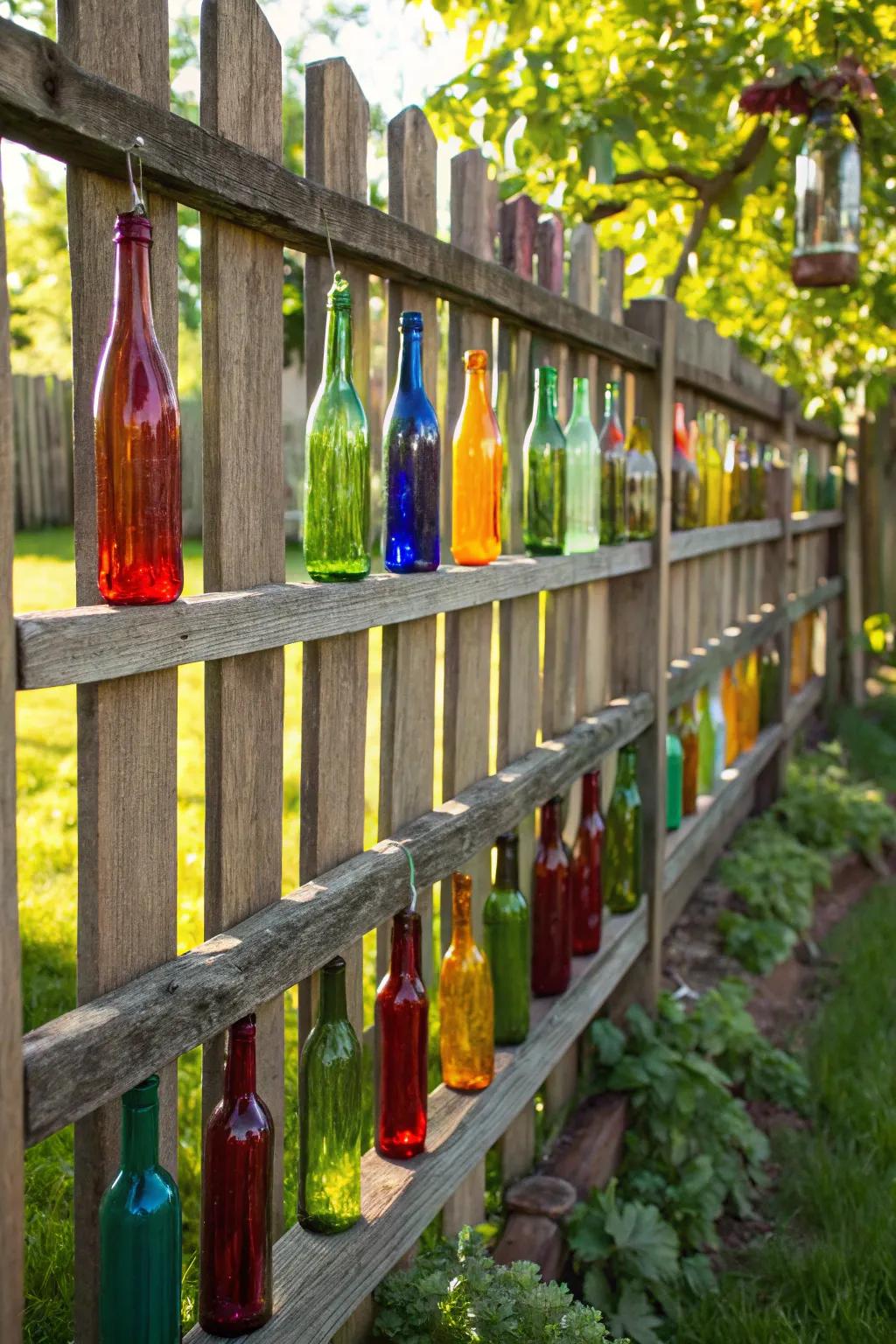 Transform your fence into a masterpiece with vibrant recycled glass bottles.