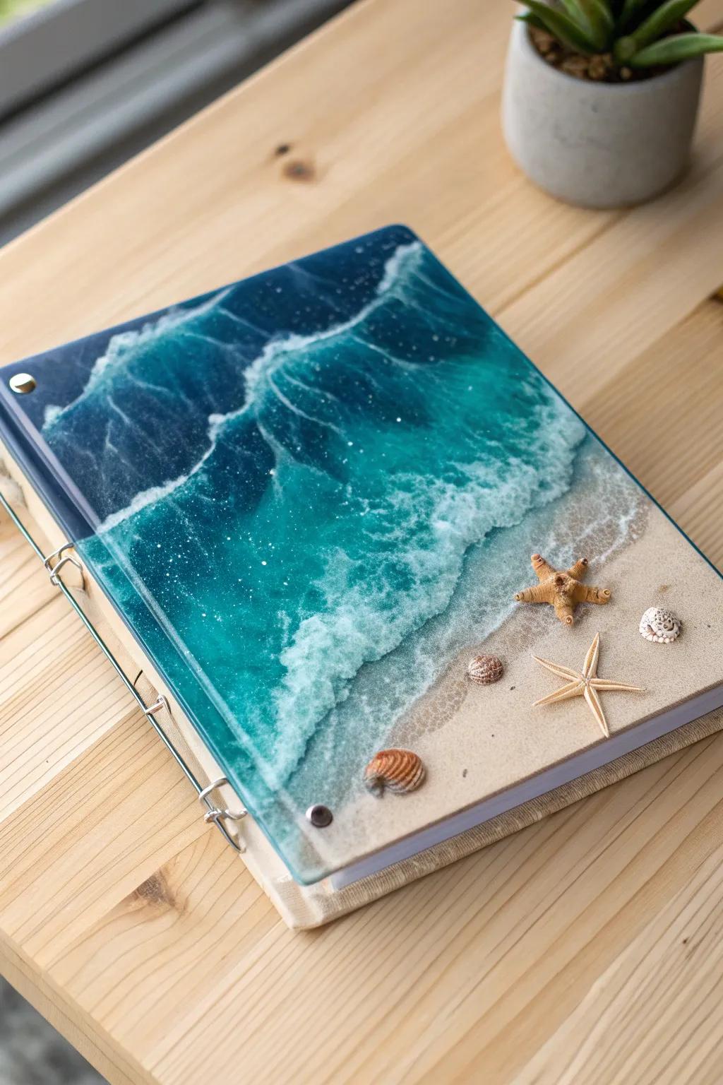 Bring the ocean to your desk with this enchanting resin notebook, where craftsmanship meets the sea's allure.