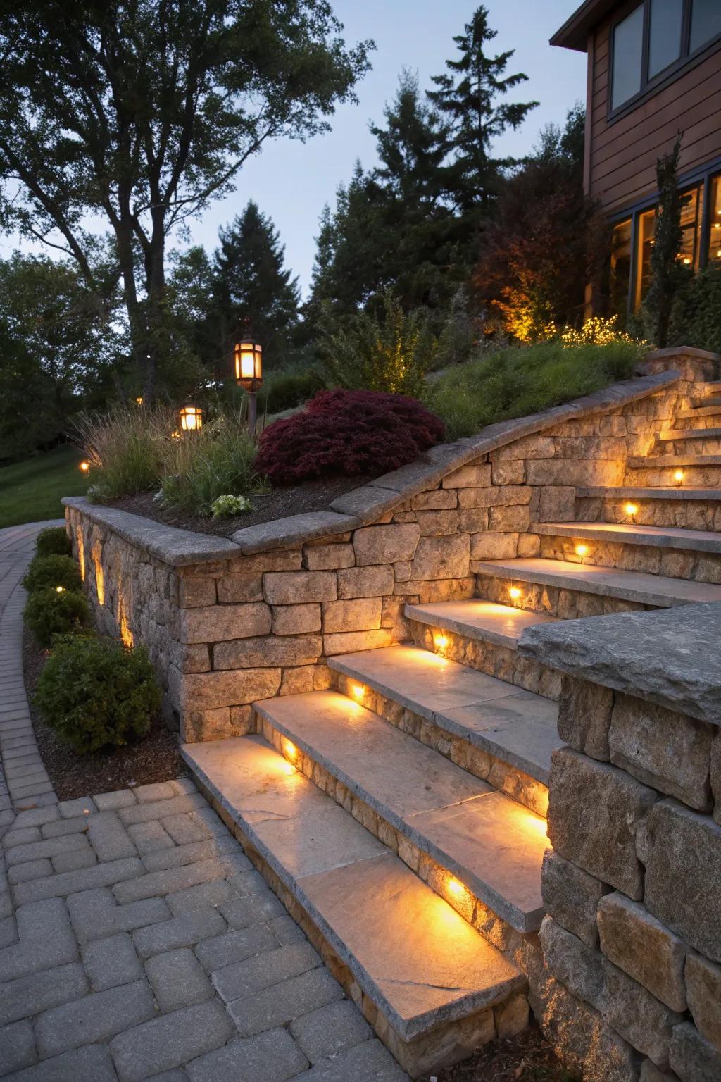 Step into enchantment with beautifully lit retaining wall steps, where craftsmanship meets magic.