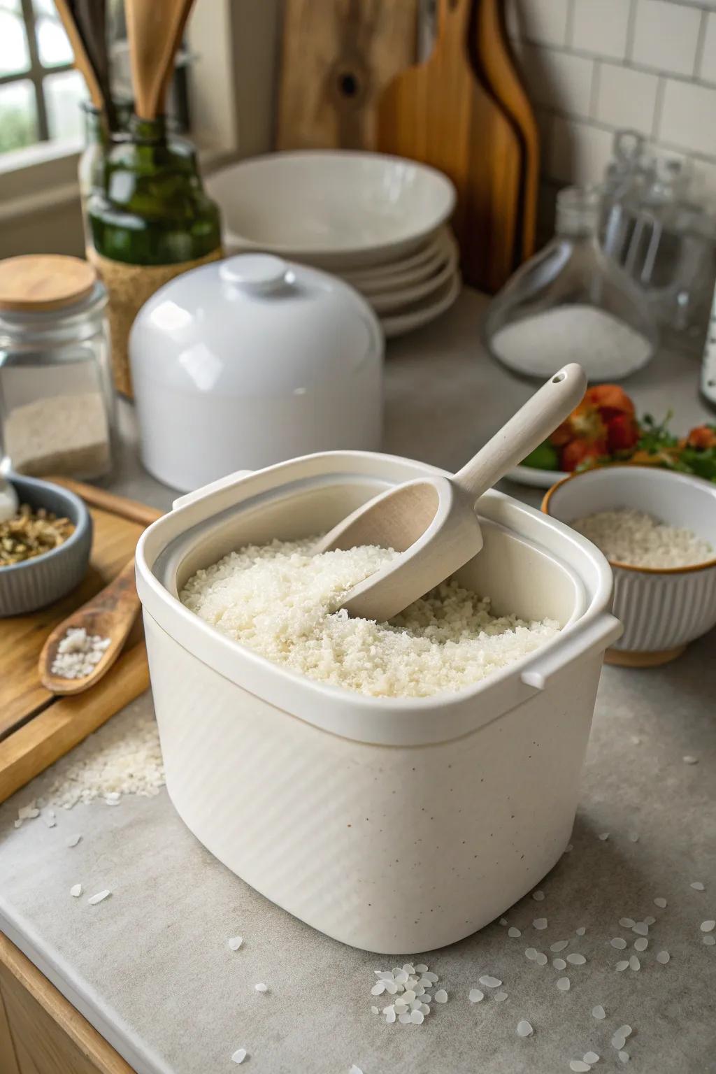A scoop inside the container offers convenience and precision.