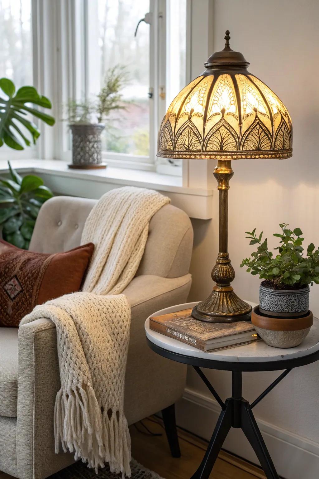 Illuminate your space by blending timeless vintage charm with sleek modern design for a cozy reading nook that tells a story.