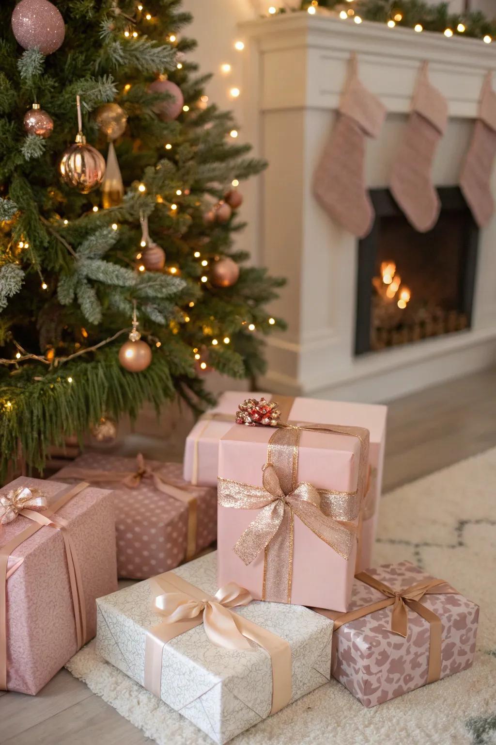 Coordinated gift wrapping in rose gold and pink under the tree.