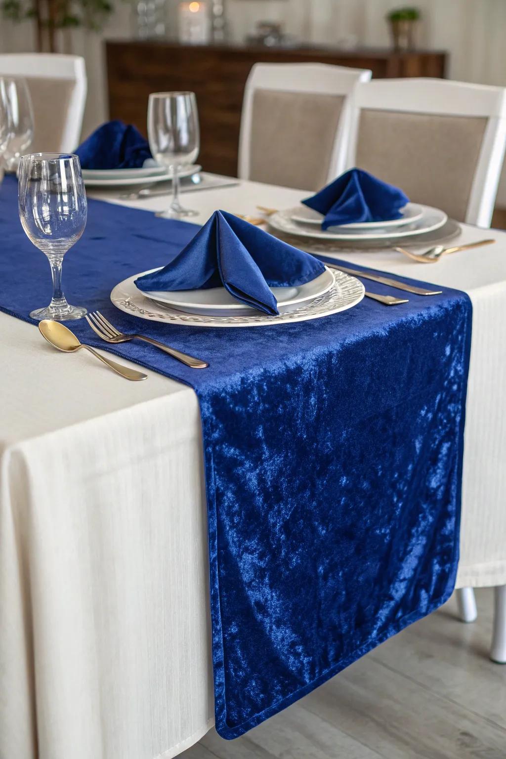 Royal blue velvet fabric adds a touch of elegance and luxury to any table setting.