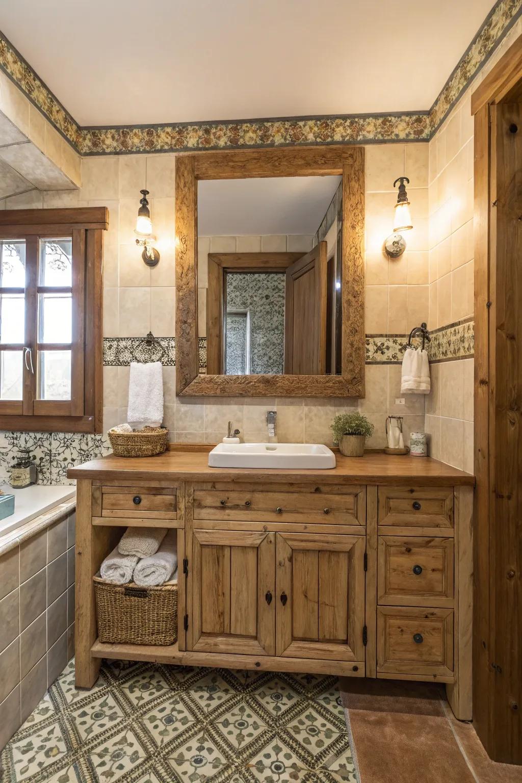 A rustic bathroom with a large wooden-framed mirror above the vanity.