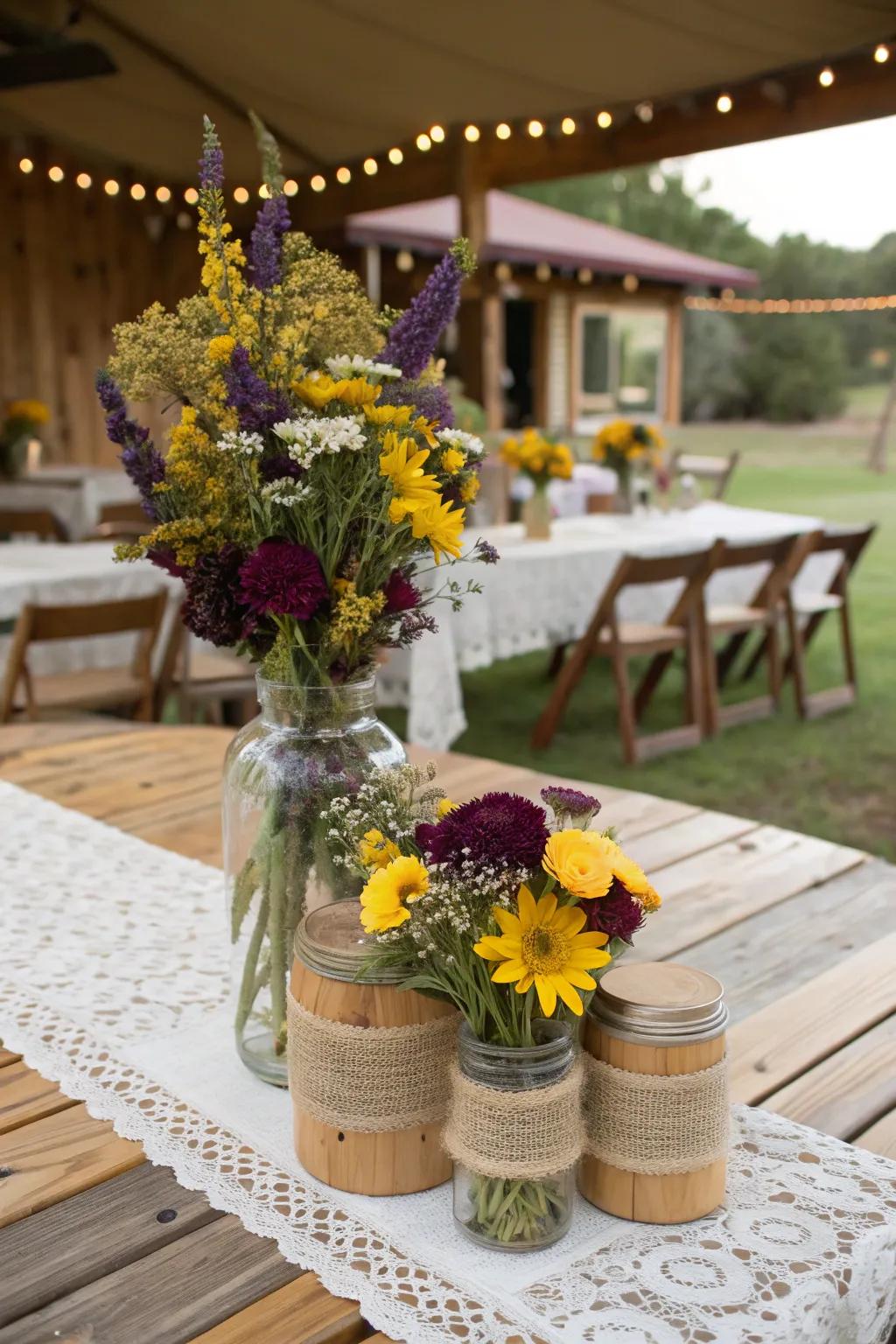Mustard yellow and deep plum bring vibrancy and drama to a wedding setting.